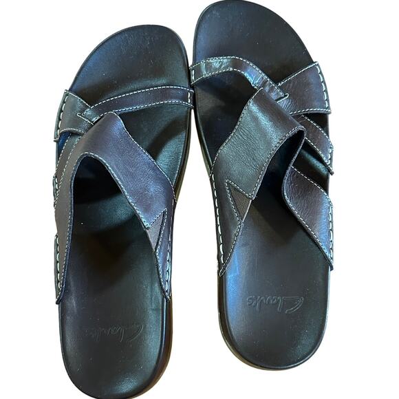 Clarks Women’s Brown Leather Slip-On Criss Cross Sandals Contrast Stitch 9M - Picture 1 of 13